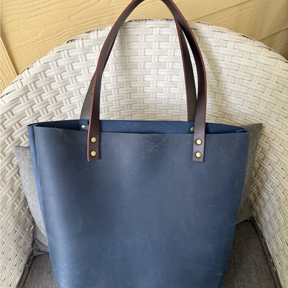 Portland Leather Navy Tote with Brown Handles - Picture 3 of 5